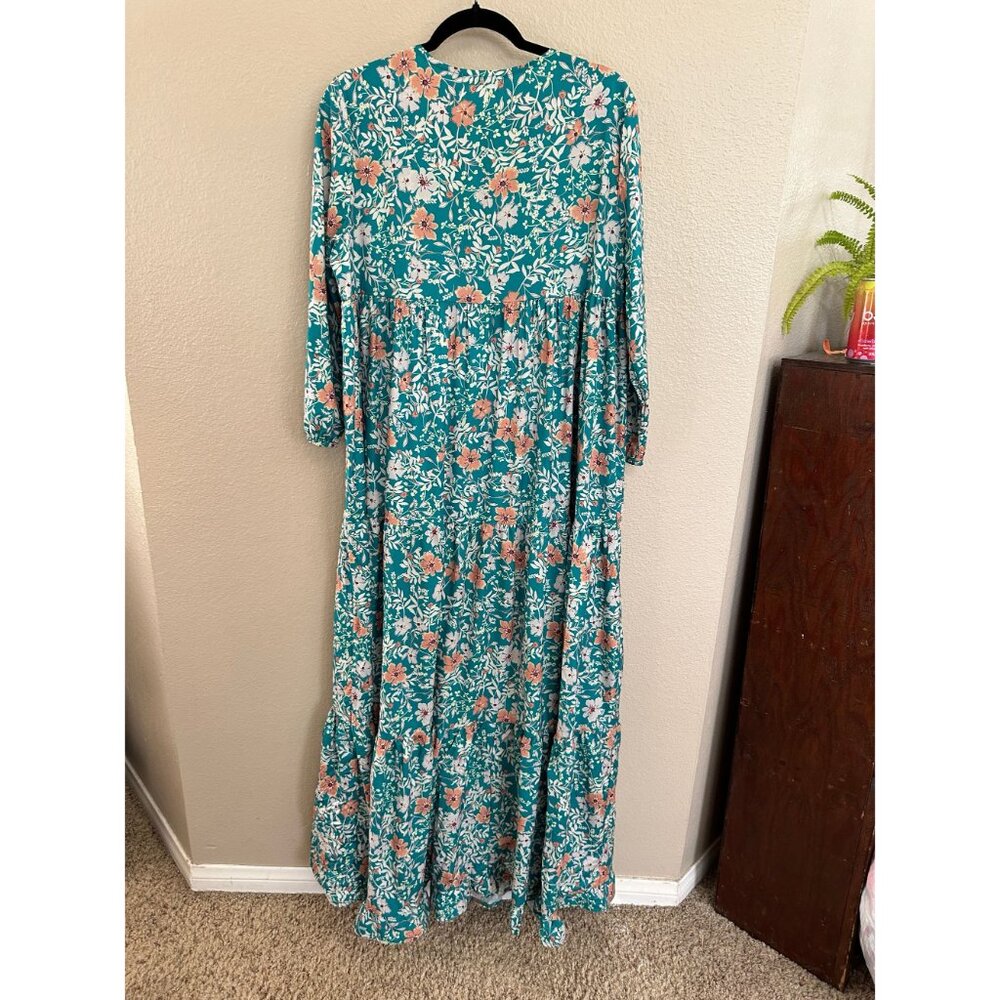 Misslook Womens Green Floral Maxi Dress XL V-Neckline 3/4 Sleeves cotton blend - Picture 3 of 9